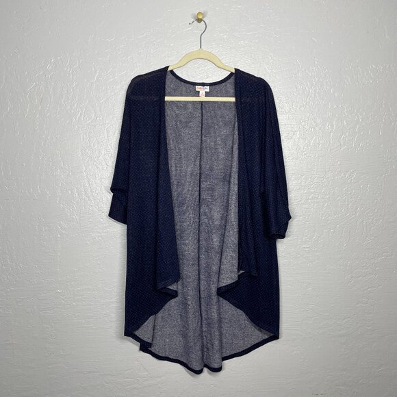 Lularoe Women S Lindsay Kimono Cardigan Navy Blue Yellow Polka Dot Knit Stretch - Picture 1 of 9